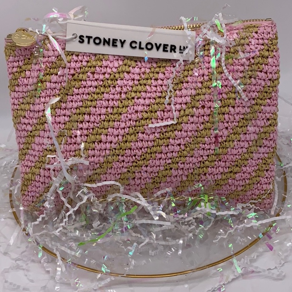 New Stoney Clover Lane Woven Raffia Flat Pink Pouch